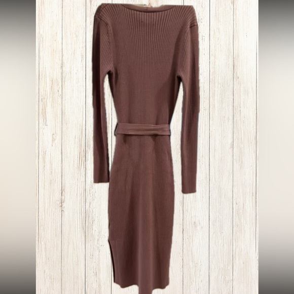Mauve Ribbed Midi Button Down Fitting Long Sleeve Dress Small - Picture 2 of 4